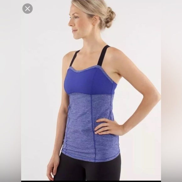 Lululemon Run Catch Me Tank Blue Purple Tonka Stripe Cross Back Shirt | Size 6 - Picture 1 of 4